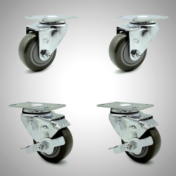 3 Inch SS Gray Polyurethane Swivel Top Plate Caster Set with 2 Brakes SCC